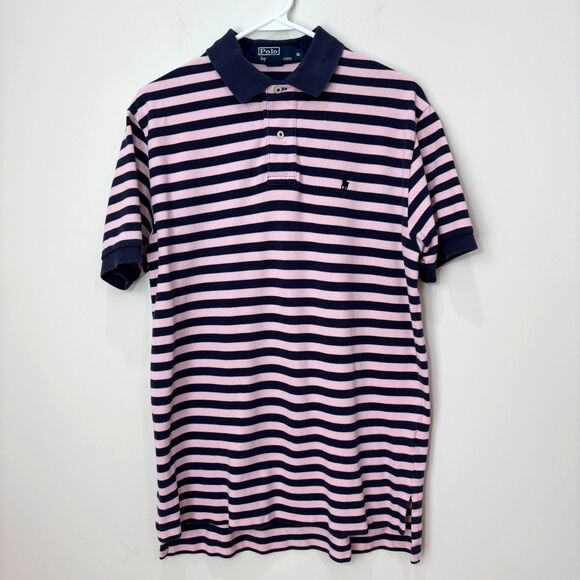 Polo by Ralph Lauren Striped Polo Shirt Men M Cotton Pink Navy Blue Pony Preppy - Picture 1 of 7